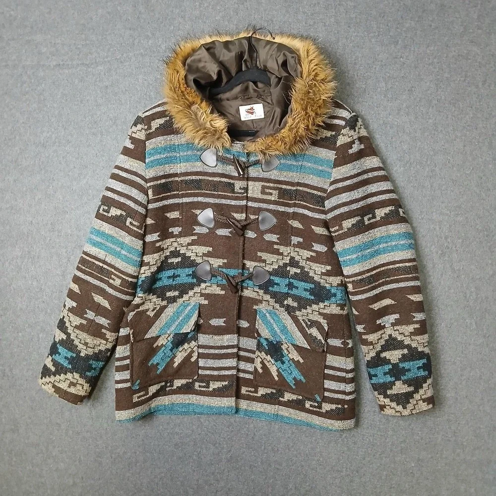 Wired Heart Parka Style XL Coat southwestern print faux fur trimmed hood western